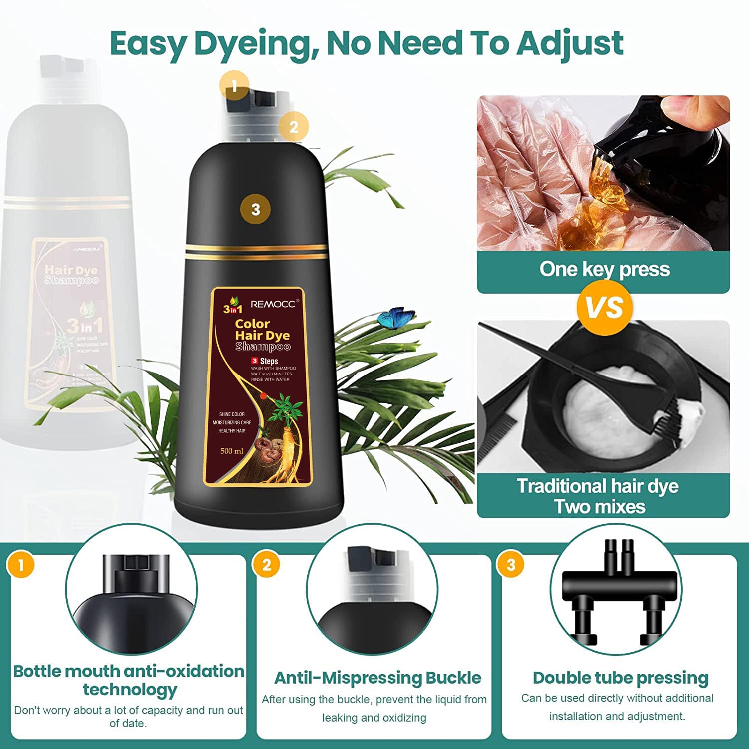 Hair Dye Shampoo 3 in 1 Hair Shampoo Instant Hair Dye Herbal Ingredients for Women & Me Hair Color Dye Shampoo Cover Gray White Hair in Minutes Dark Brown(500mL,17.6 Fl Oz)