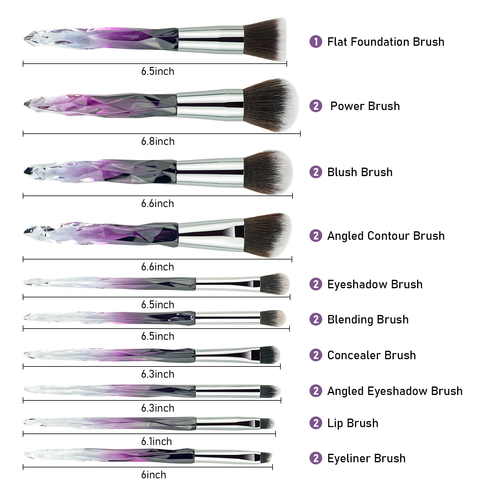 Make Up Brush Set 10 Piece, Professional Makeup Brushes with Soft Bristles Hair Purple Cosmetic Brushes Collection Special Plastic Handle Eye Brushes