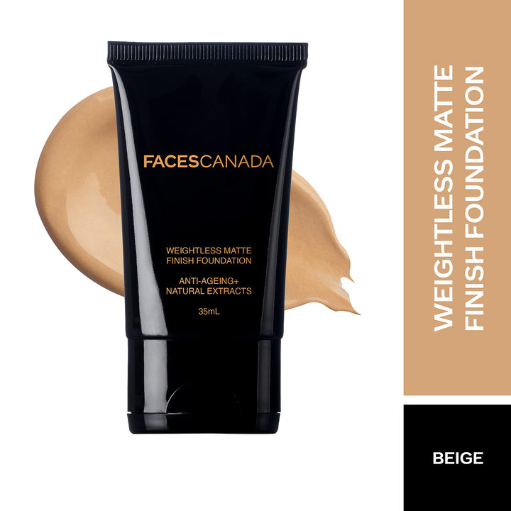 Faces Canada Oil Weightless Natural Matte Finish, Enriched with Grape extracts and Shea Butter, Dermatologically Tested, All Skin Types, Matte Foundation, Beige 35 ml