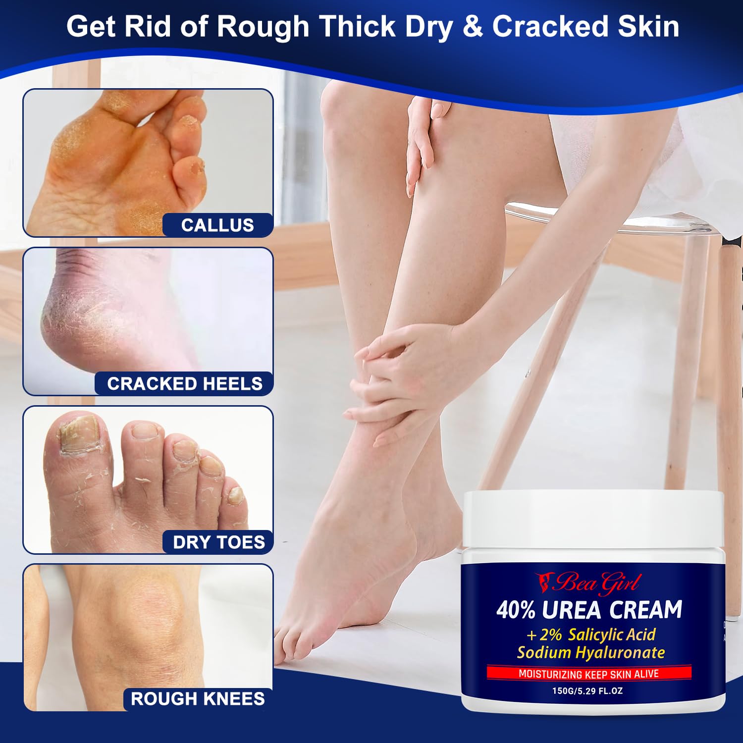 BeaGirl Urea Cream 40 Percent for Feet,Foot Cream & Hand Cream Maximum Strength with 2% Salicylic Acid,Hyaluronic Acid, for Dry Cracked Heels Feet Knees Elbows Hands-5.29 Fl.oz