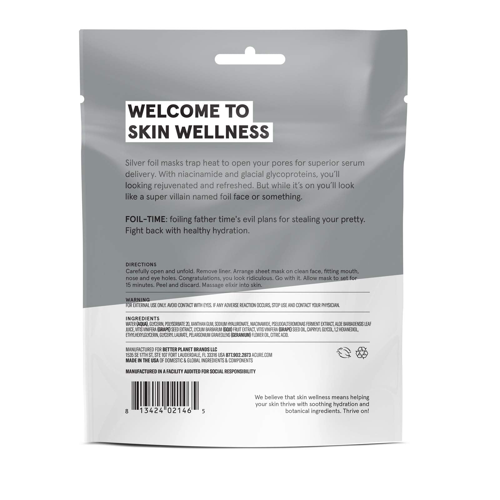 ACURE Foil-Time Fortifying Silver Mask | 100% Vegan | Traps Heat to Open Pores For Superior Serum Delivery | Niacinamide & Glacial Glycoproteins - For Rejuvenated & Refreshed Apprearance | 1 Count