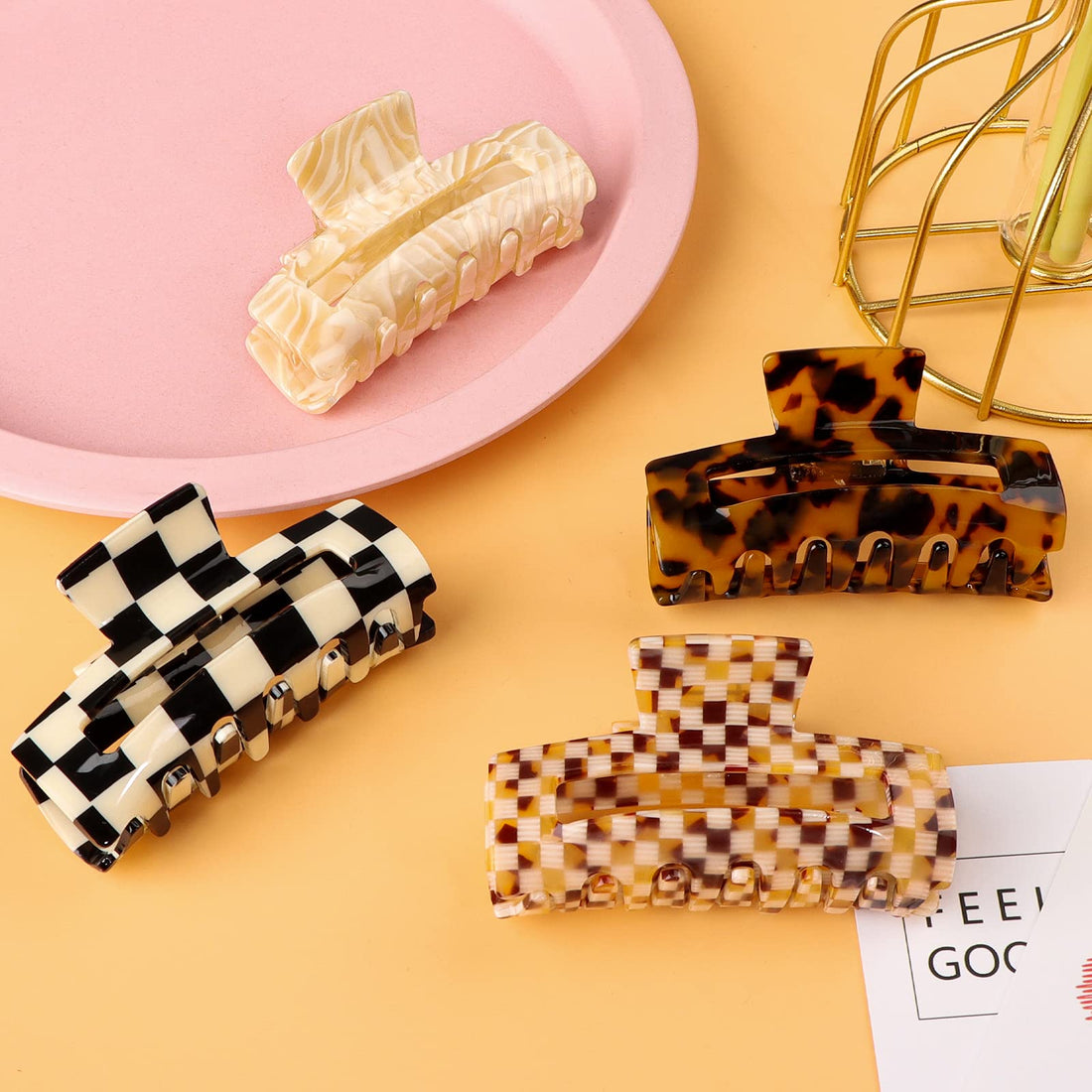 Magicsky 4PCS Hair Claw Clips, Acrylic Banana Barrettes Butterfly French Jaw Clip, Big Hair Clip Hairclips for Thick Thin Hair- Styling Accessories for Women Girls, Large Checkerboard, Leopard, White