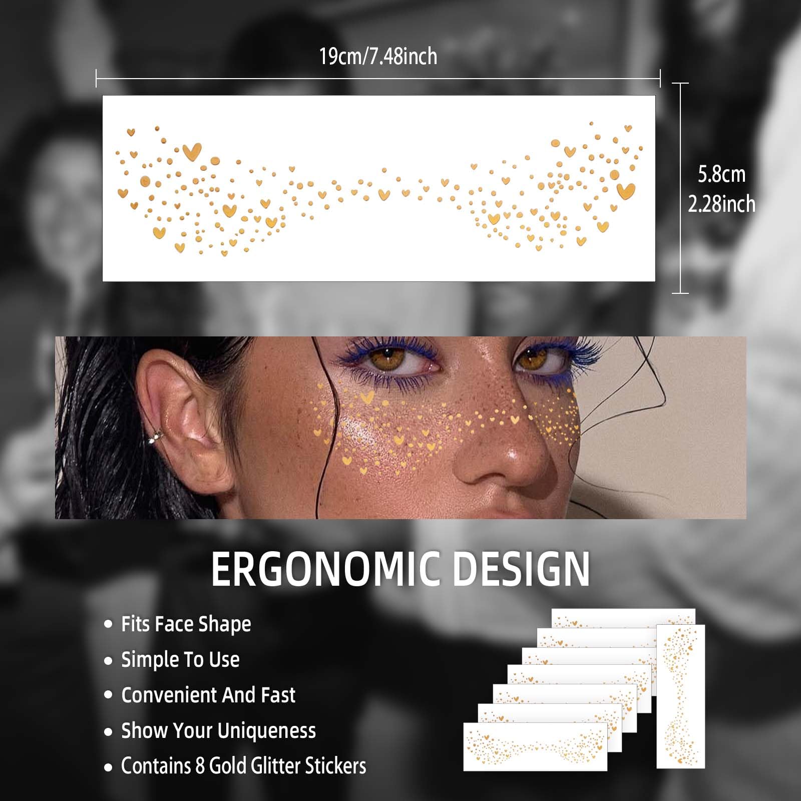 Makeup Patches - Gold Glitter Freckles Face Tattoo - Cosmetic Glitter For Face - Faux Freckles Waterproof - Temporary Tattoos- Cute Glitter Makeup Accessories for Women - 8 Pcs