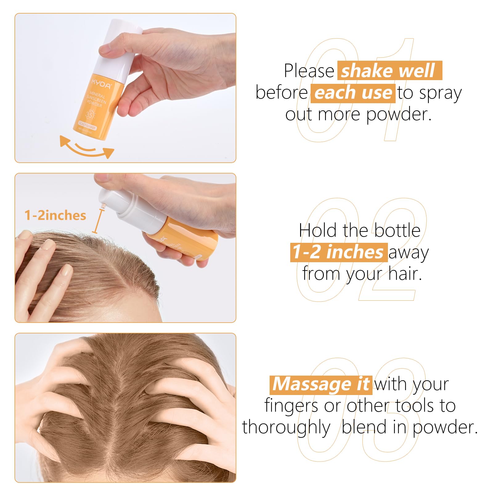 KYDA Mineral Dry Shampoo Sunscreen Powder, for Scalp and Hair, SPF 35 PA++, Scalp Sunscreen Powder, Broad Spectrum UV Protection, Lightweight, No-Greasy, 0.71 Oz.