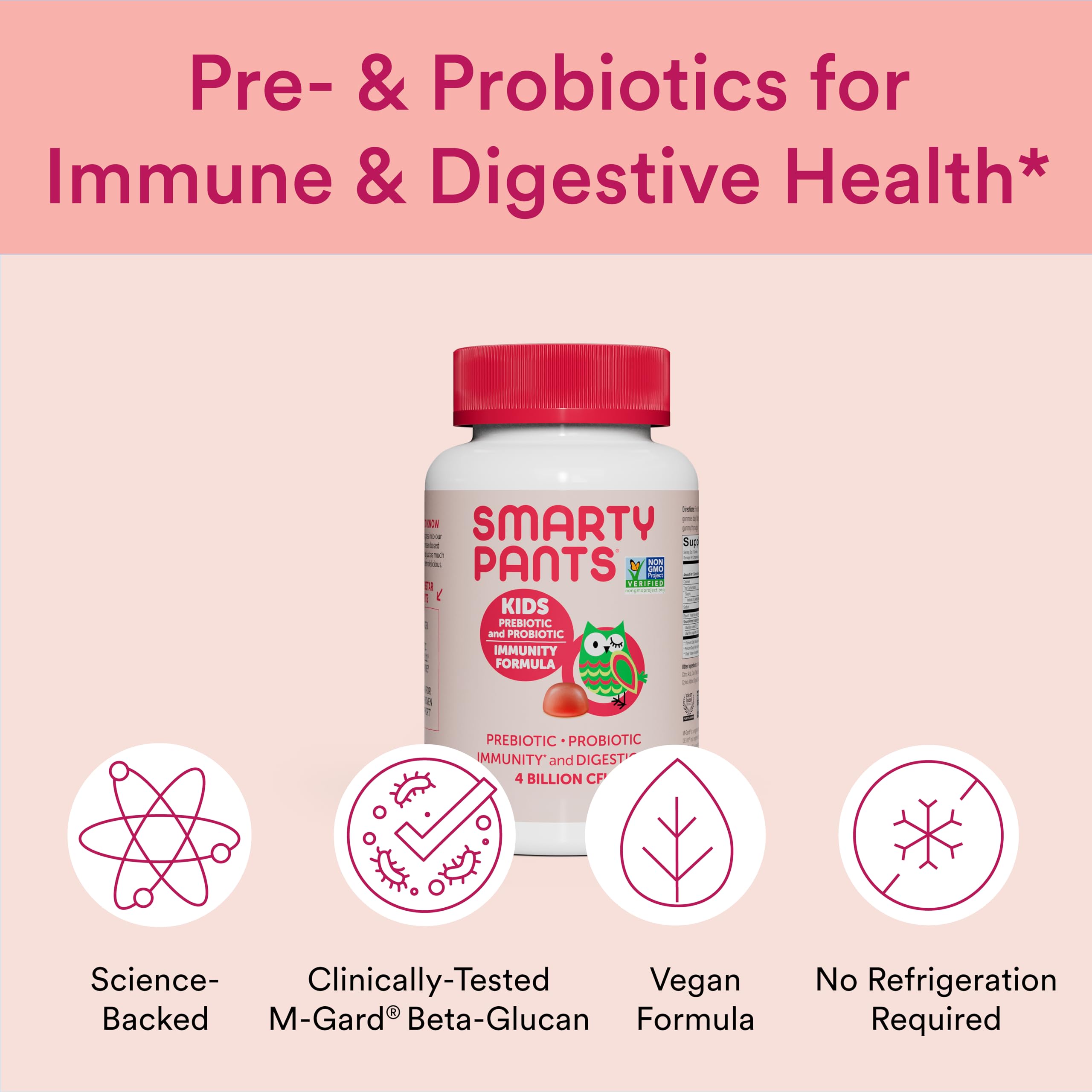 SmartyPants Kids Probiotic Immunity Gummies: Prebiotics & Probiotics for Digestive Health and Immune Support Supplement, Gluten Free, Vegan, Strawberry Crème Flavor, 60 Count (30 Day Supply)
