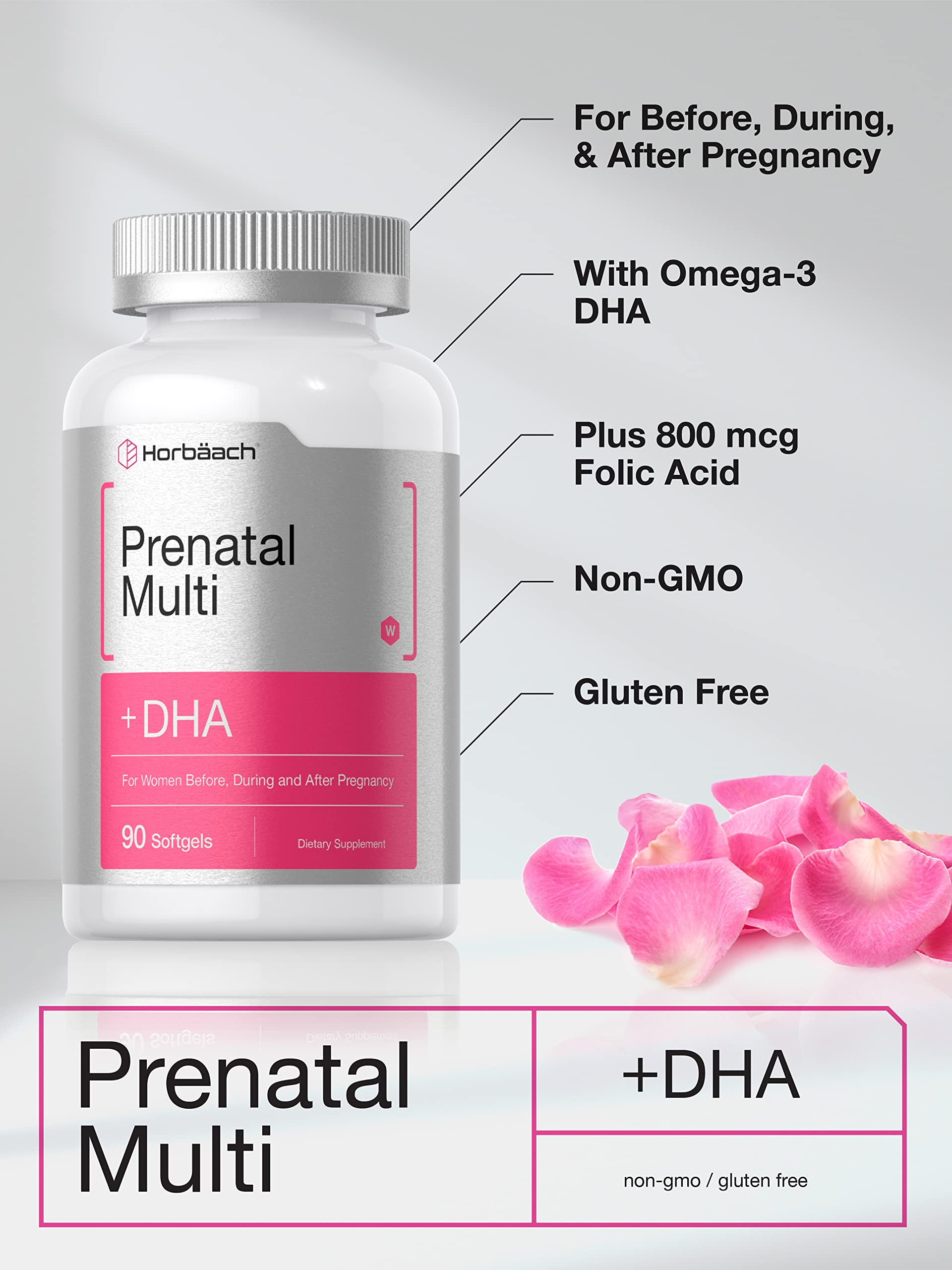Horbäach Women's Prenatal Multivitamin with DHA, Iron and Folic Acid | 90 Softgels | Non-GMO & Gluten Free