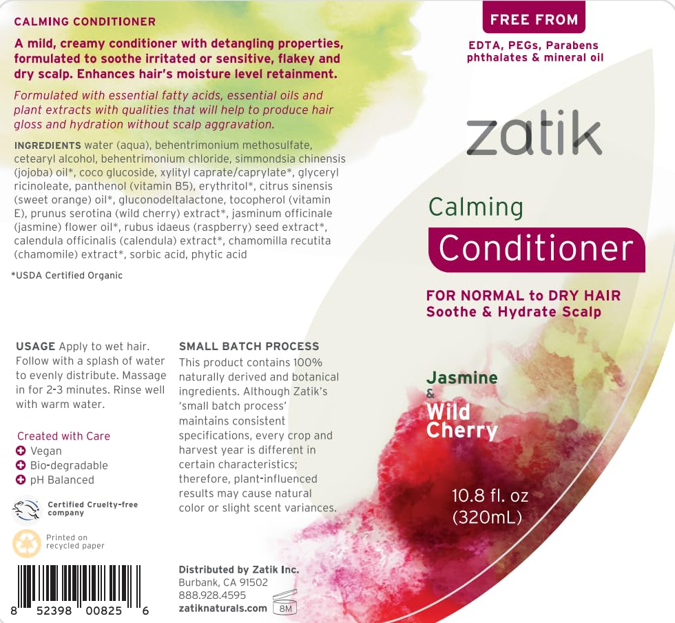 Zatik Naturals - Calming Shampoo + Conditioner Set, with Jasmine and Wild Cherry for Dandruff - Vegan Biodegradable, pH Balanced, FREE FROM EDTA, PEG, Paraben, phthalates, 10.8 oz (One each)