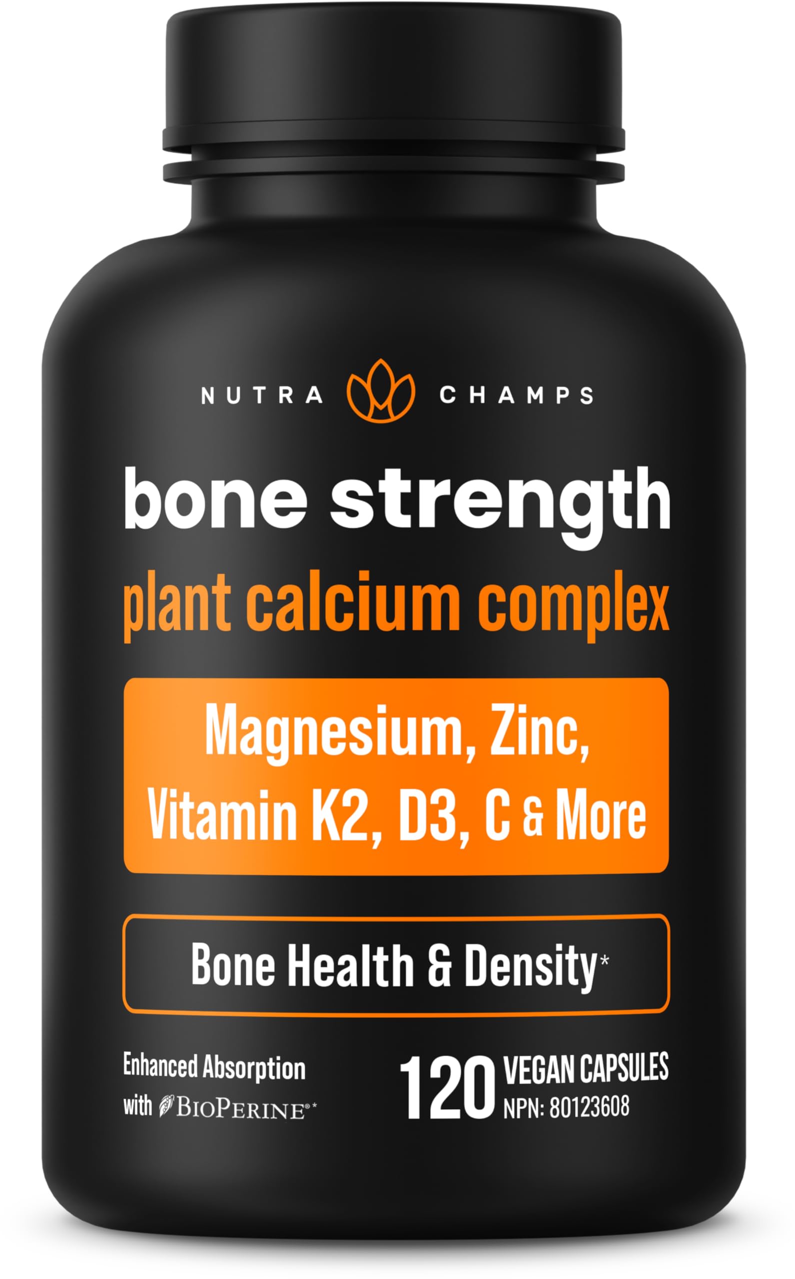 NutraChamps Bone Strength Supplements, Plant Based Calcium Supplement 600mg, Vitamin D3 2000 IU, K2, Magnesium, Potassium, Zinc, Boron & Strontium, 120 Vegan Capsules
