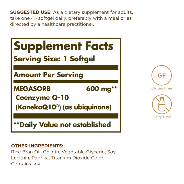 Solgar Megasorb CoQ-10 600 mg, 30 Softgels (Pack of 3) - Promotes Nervous System Health - Coenzyme Q10 Supplement - Enhanced Absorption - Gluten Free, Dairy Free - 90 Total Servings