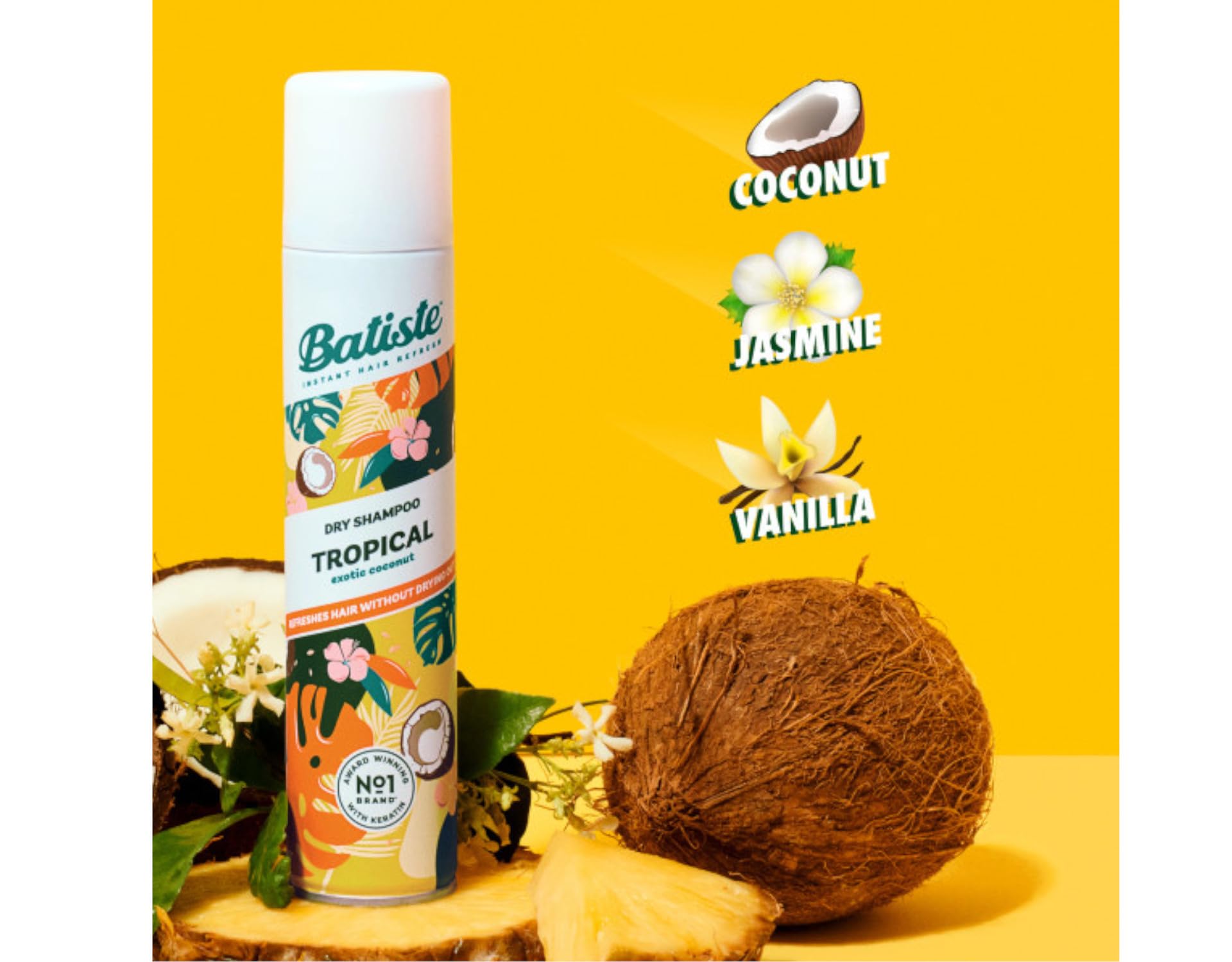 Batiste Dry Shampoo, Tropical Fragrance, Refresh Hair and Absorb Oil Between Washes, Waterless Shampoo for Added Hair Texture and Body, 6.73 OZ Dry Shampoo Bottle