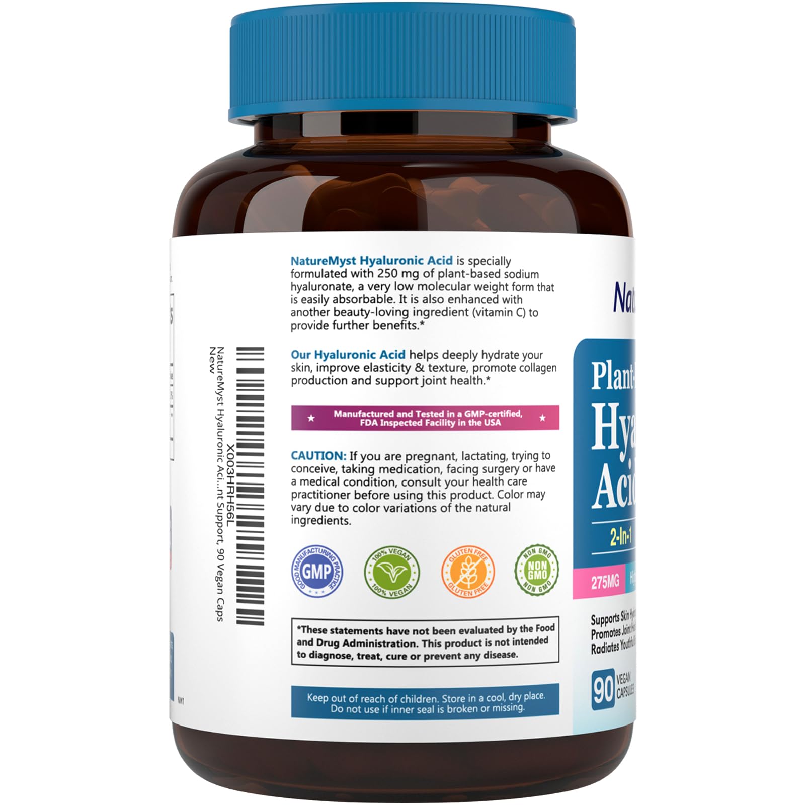 NatureMyst Hyaluronic Acid Supplement, with Vitamin C, 250mg Plant-Based HA, 90 Vegan Caps, for Joints, Skin & Eyes, Collagen Production, Easily Absorbable