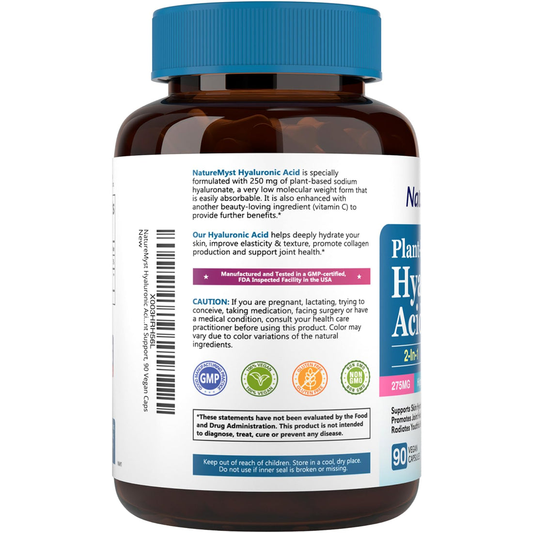NatureMyst Hyaluronic Acid Supplement, with Vitamin C, 250mg Plant-Based HA, 90 Vegan Caps, for Joints, Skin & Eyes, Collagen Production, Easily Absorbable