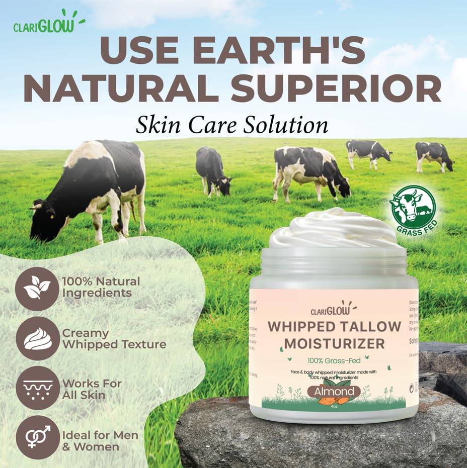 Whipped Beef Tallow Face Moisturizer | 100% Grass Fed Beef Tallow Skin Face Balm Cream | Lotion Balm Body Moisturizer with Honey & Almond | 4 oz | Natural Skin Care