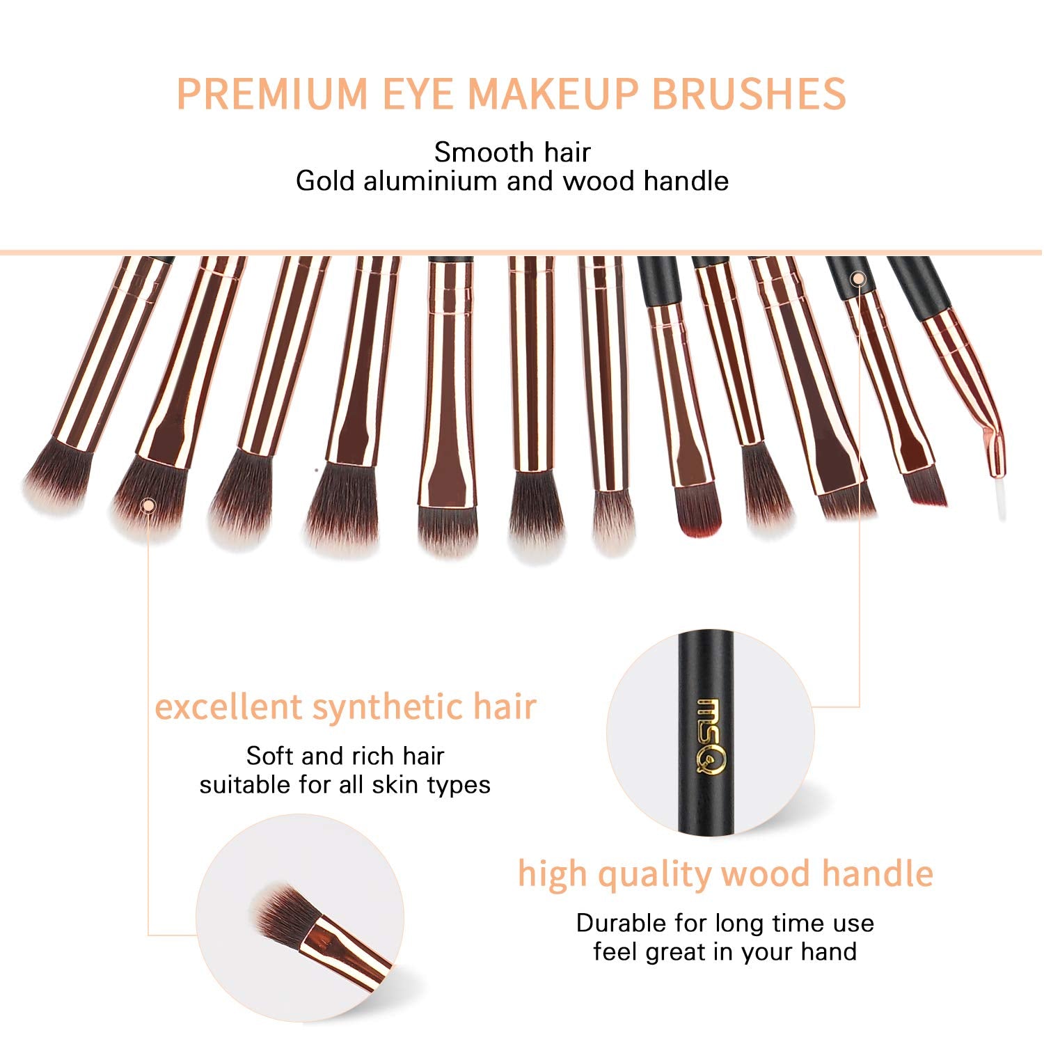 MSQ Eyeshadow Brushes 12pcs Rose Gold Eye Make Up Brush Set with Bag (PU Leather Pouch) Soft Natural Hairs for Eyeshadow, Eyebrow, Eyeliner, Blending, Best Gifts - Rose Gold