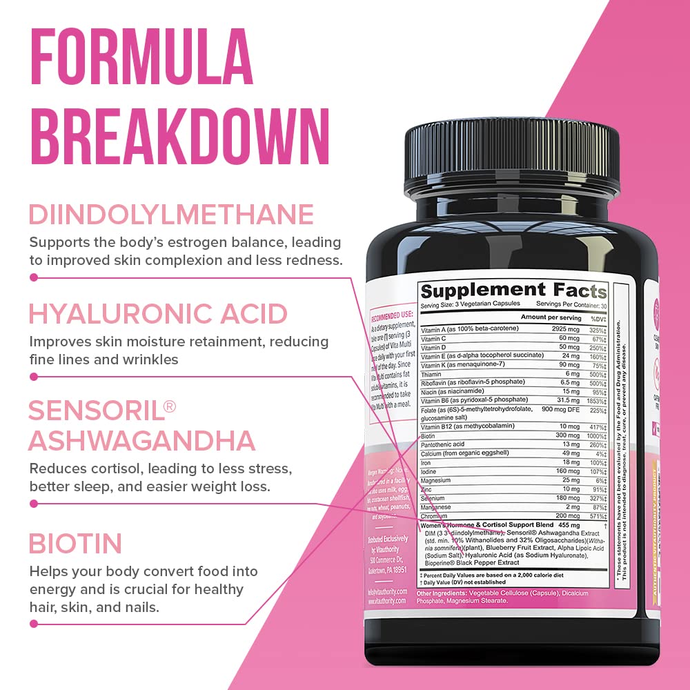 VITA Multi Multivitamin for Women: Women’s Daily Multi-Vitamin Supplement with DIM, Iodine, Ashwagandha | Supports Youthful Complexion, Healthy Cortisol and Estrogen Balance - 30 Day Supply