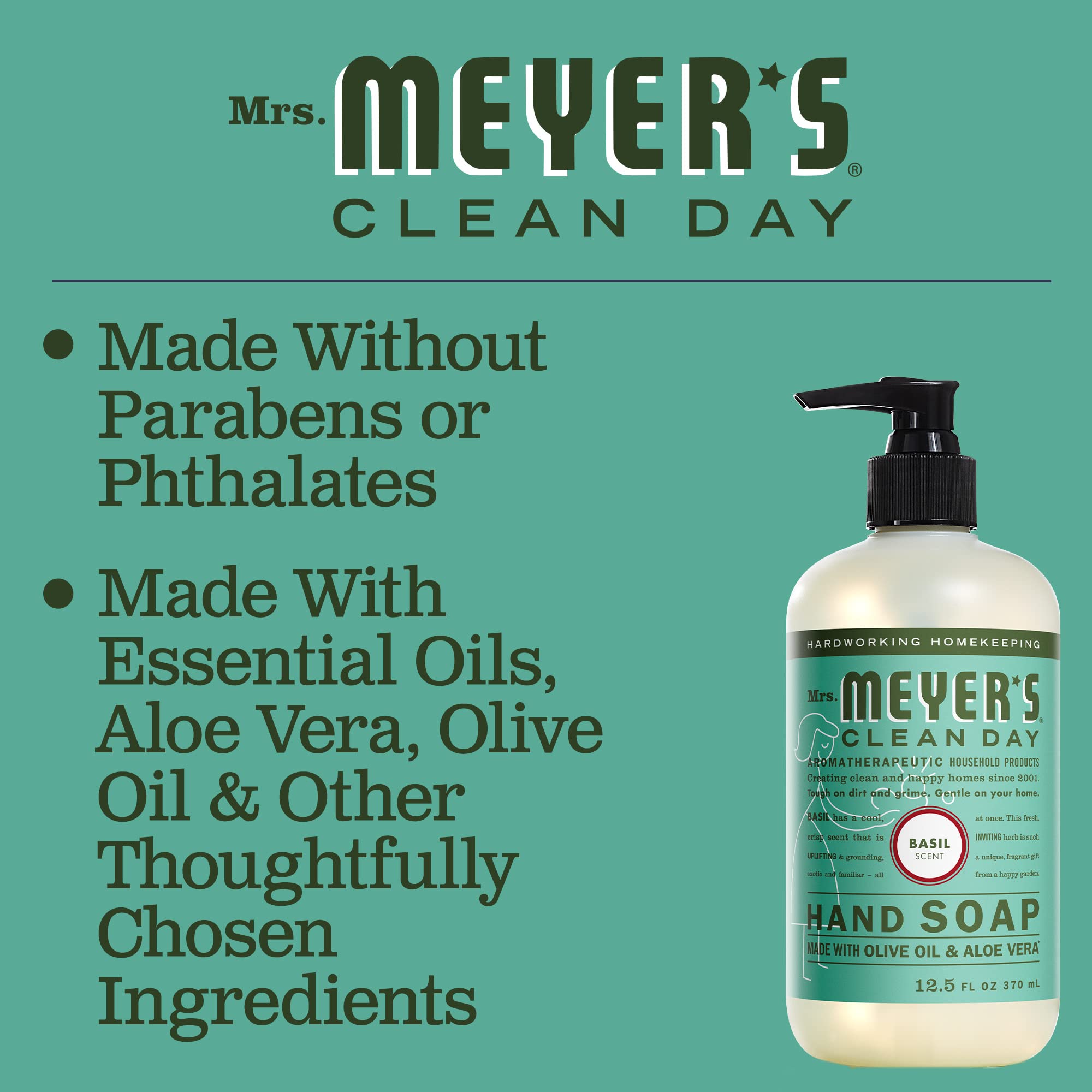MRS. MEYER'S CLEAN DAY Hand Soap, Made with Essential Oils, Biodegradable Formula, Basil, 12.5 fl. oz