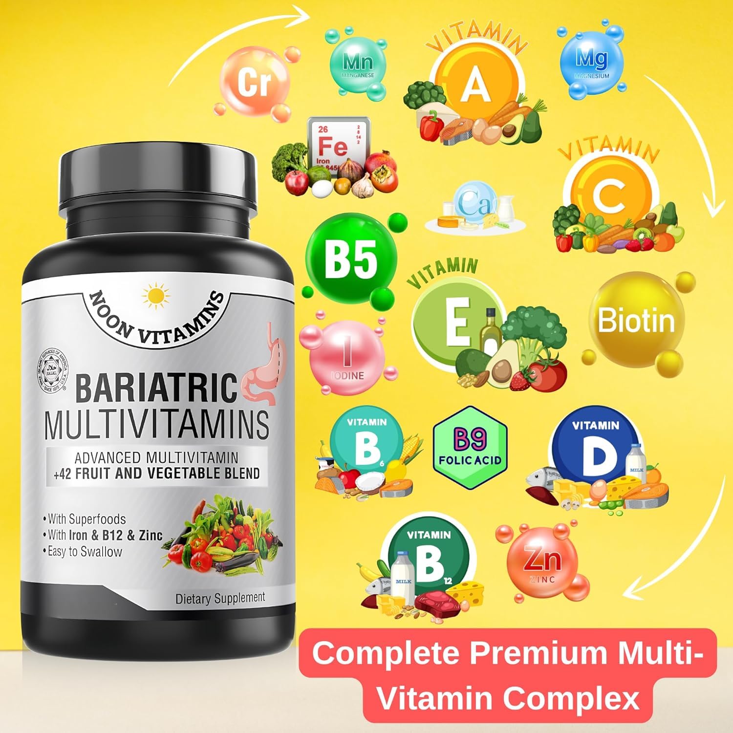 Bariatric Multivitamin with Iron for Women & Men - All-in-One 42 Superfood Blend for Energy & Immune Support - Post-Surgery Recovery, Easy-to-Swallow, Halal, Made in USA (60 Capsules)