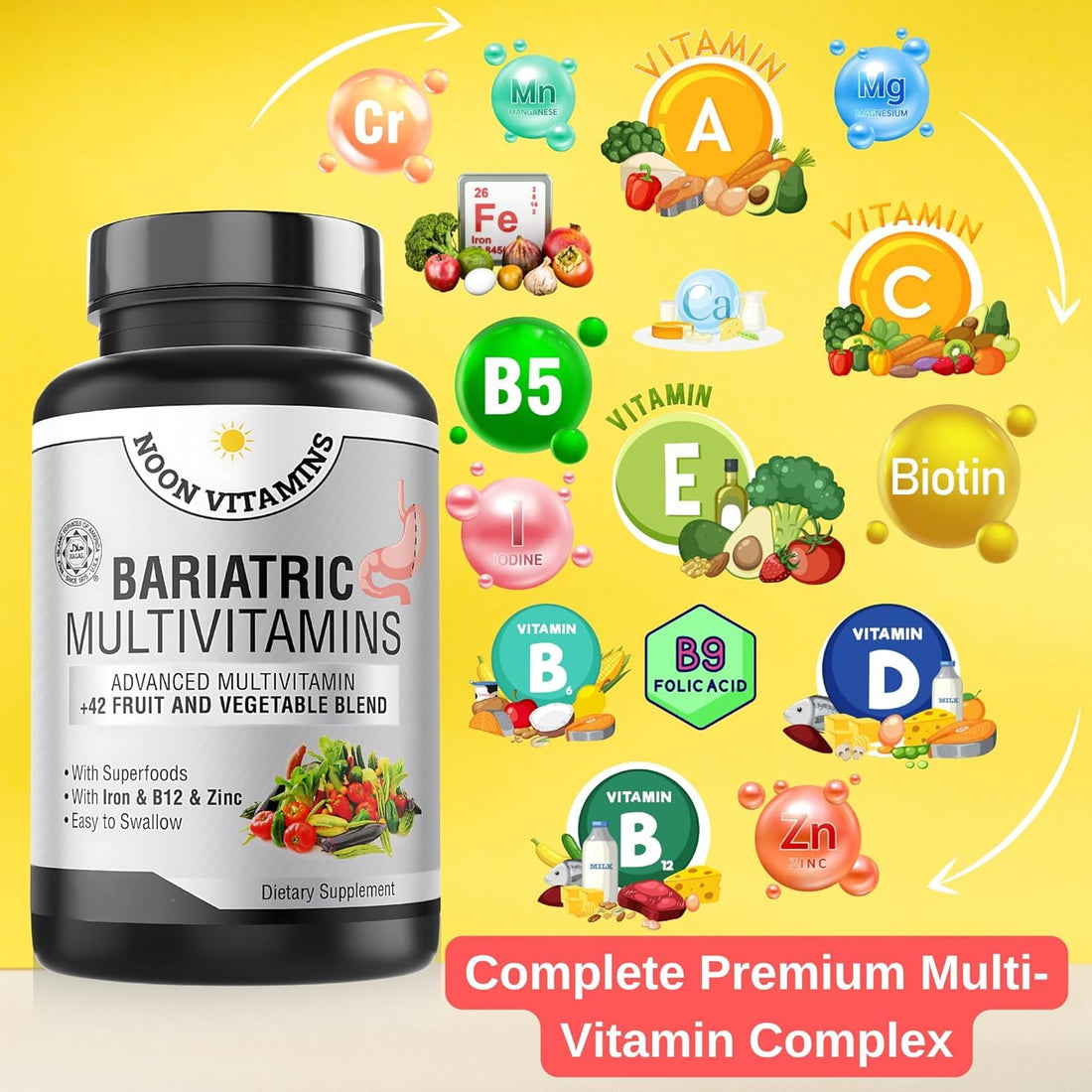 Bariatric Multivitamin with Iron for Women & Men - All-in-One 42 Superfood Blend for Energy & Immune Support - Post-Surgery Recovery, Easy-to-Swallow, Halal, Made in USA (60 Capsules)
