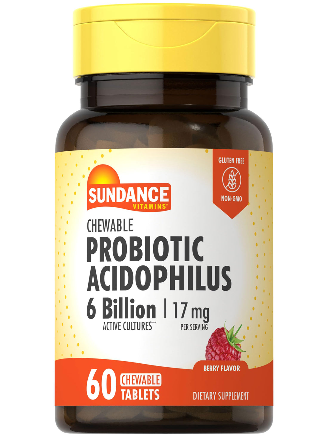Sundance Probiotic Aciophilus 17mg | 6 Billion Active Cultures | 60 Chewable Tablets | Berry Flavor | Vegetarian, Non-GMO, and Gluten Free Supplement