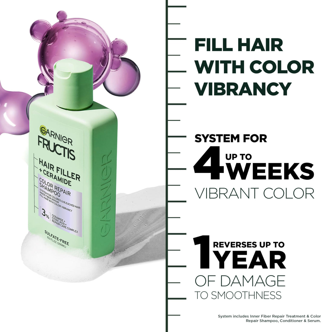 Garnier Fructis Hair Filler Color Repair Shampoo with Ceramide, Smoothing & Sulfate Free Shampoo for Colored, Bleached Hair, 10.1 Fl Oz, 1 Count