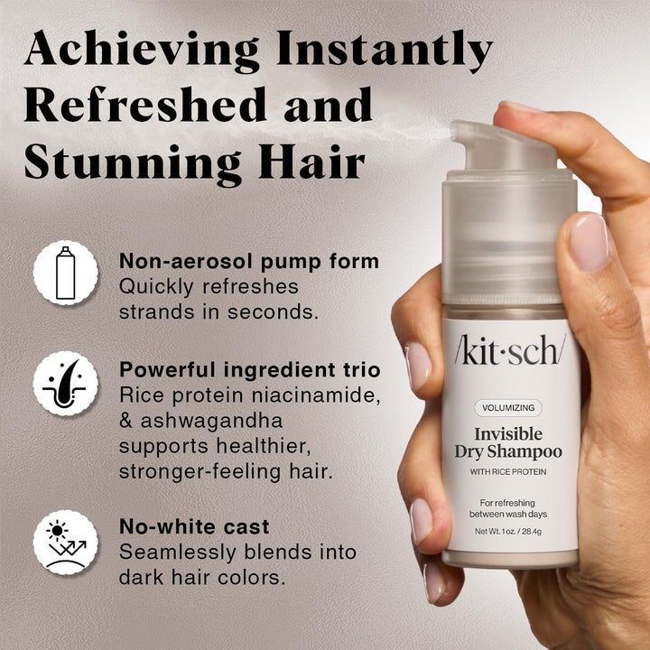 Kitsch Volumizing Rice Protein Dry Shampoo Powder - Dry Shampoo for Women & Men, No White Cast, Absorbs Oil, Non-Greasy, For Light-to-medium Hair Colors, Travel Size in Pump Form - Invisible 1oz