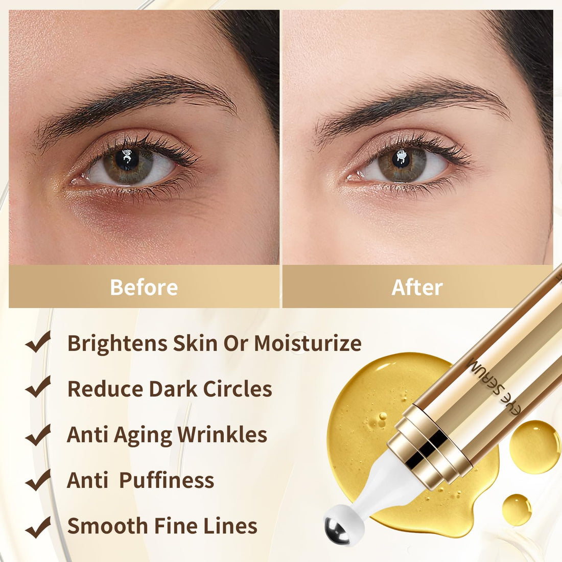 Caffeine Eye Serum, Hyaluronic Acid Under Eye Cream for Dark Circles and Puffiness, Anti Aging with 360° Massage Ball Reduce Bags, Wrinkles and Fine Lines
