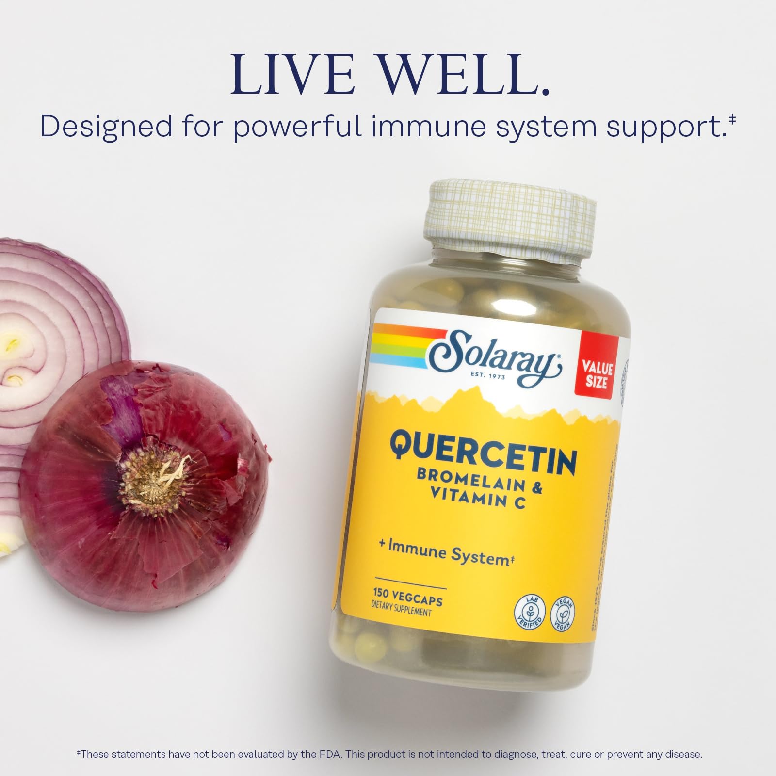 SOLARAY Quercetin Bromelain & Vitamin C, Immune System, Sinus, Respiratory & Antioxidant Activity Support, Vegan, 500mg of Quercetin & 1,235mg of VIT C, 60 Day Guarantee, 75 Servings, 150 VegCaps