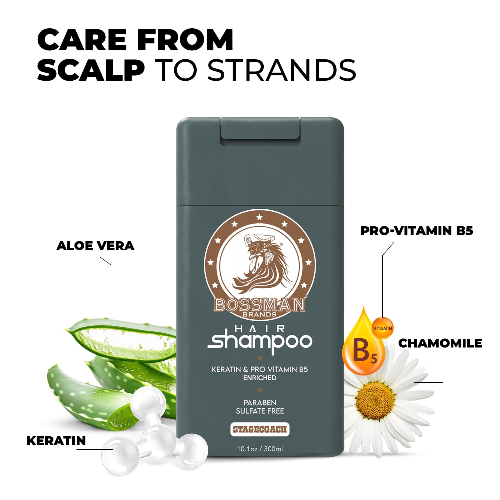 Bossman Hair Shampoo for Men – Natural Moisturizing Men's Shampoo with Keratin & Vitamin Pro5 Enriched - Paraben & Sulfate Free (Stagecoach Scent)