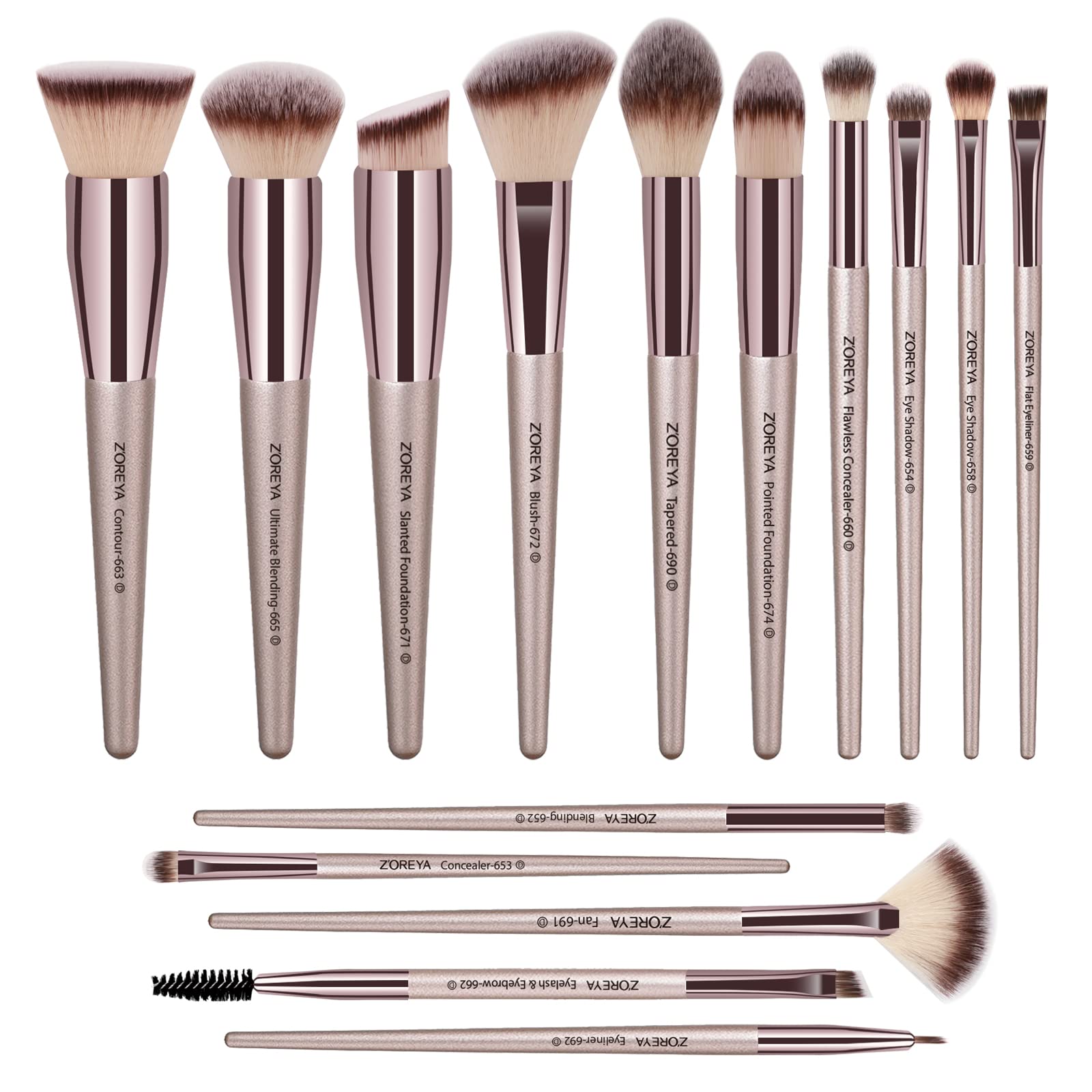 ZOREYA Makeup Brushes, 15 Pcs Professional Premium Synthetic Brush Set, Foundation Powder Concealers Eye shadows Blush Makeup Brush Set (Champagne Gold)