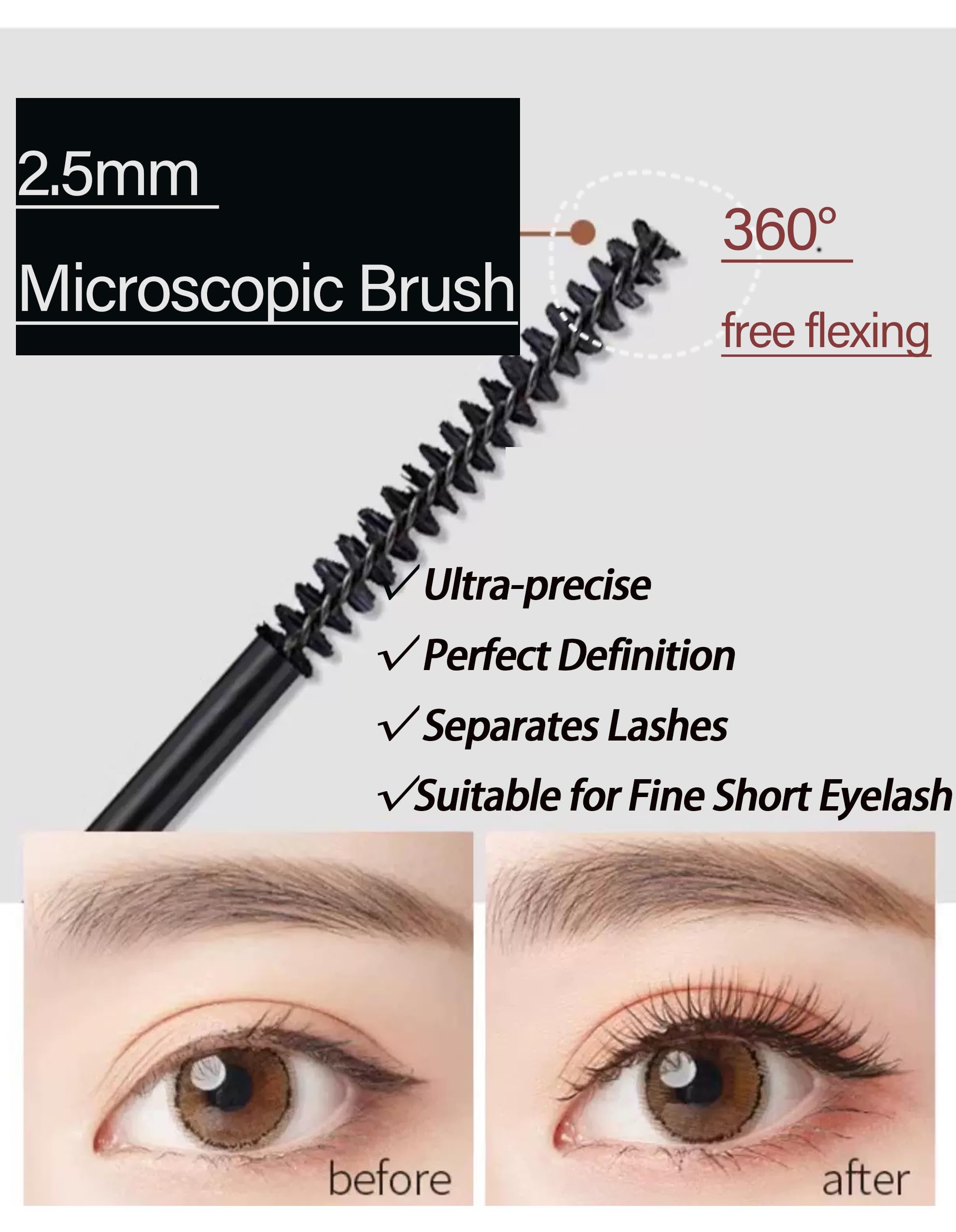 Black Mascara for Fine Short Lash & Older Women & Mulit-layered Lashes, Ultimate Length Volumizing Lower Bottom Lashes Mascara, Ultra-Precise Slim Adjustable Brush to Any Angle, Smudge-proof