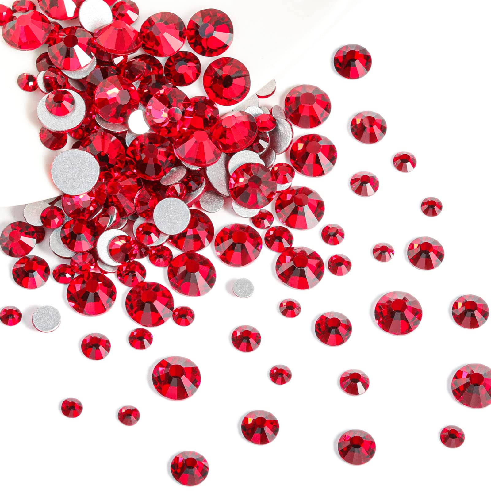 Beadsland 2500pcs Red Rhinestones, Flatback Gems Round Red Crystal Rhinestones for Crafts Mixed 8 Sizes SS4~SS30 with Picking Tweezer and Pen (Siam)