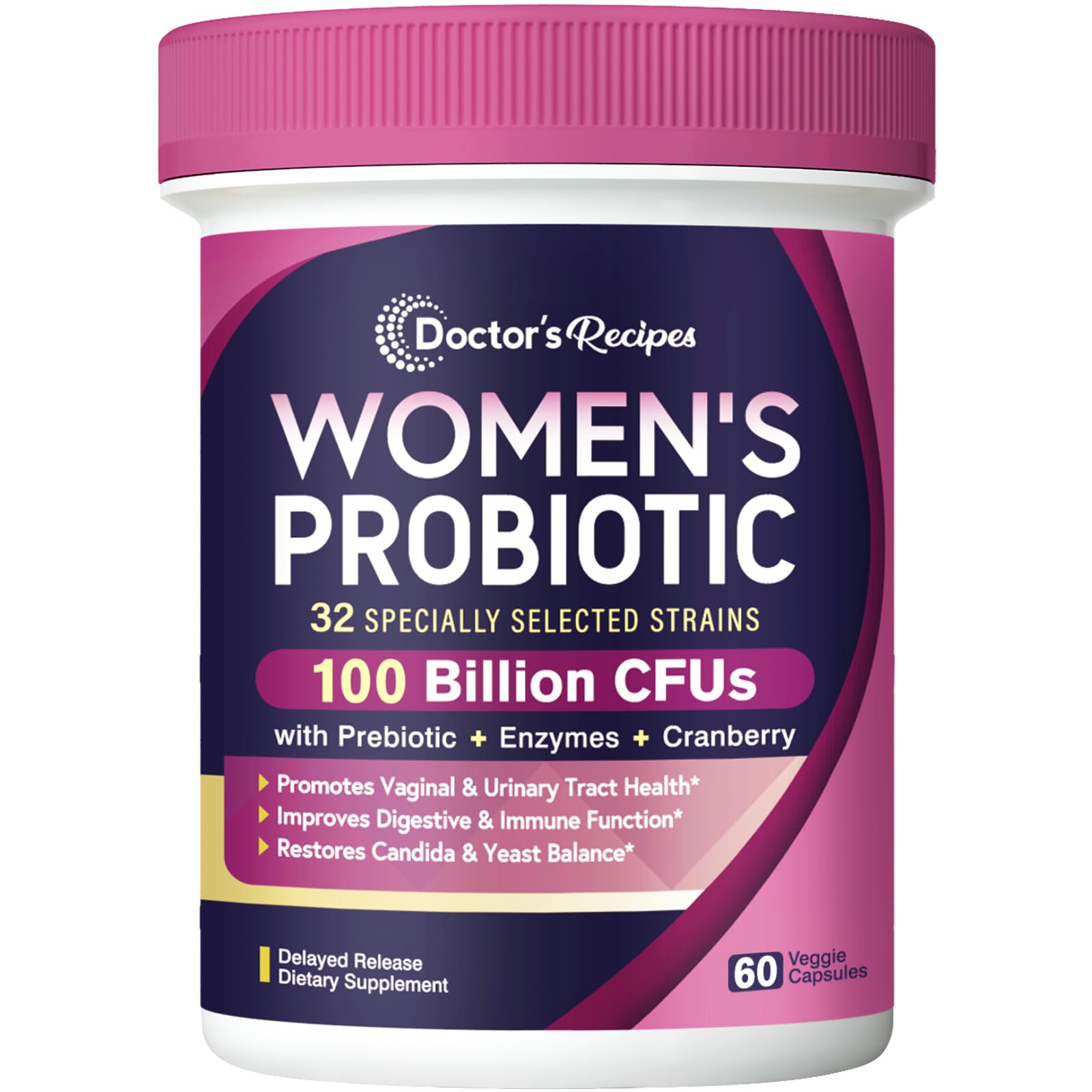 Doctor's Recipes Probiotics for Women, 100 Billion CFU 32 Strains, with Prebiotic Fiber, Enzymes & Cranberry, Vaginal Urinary Digestive & Immune, No Yeast, Shelf Stable, Delayed Release, 60 Caps