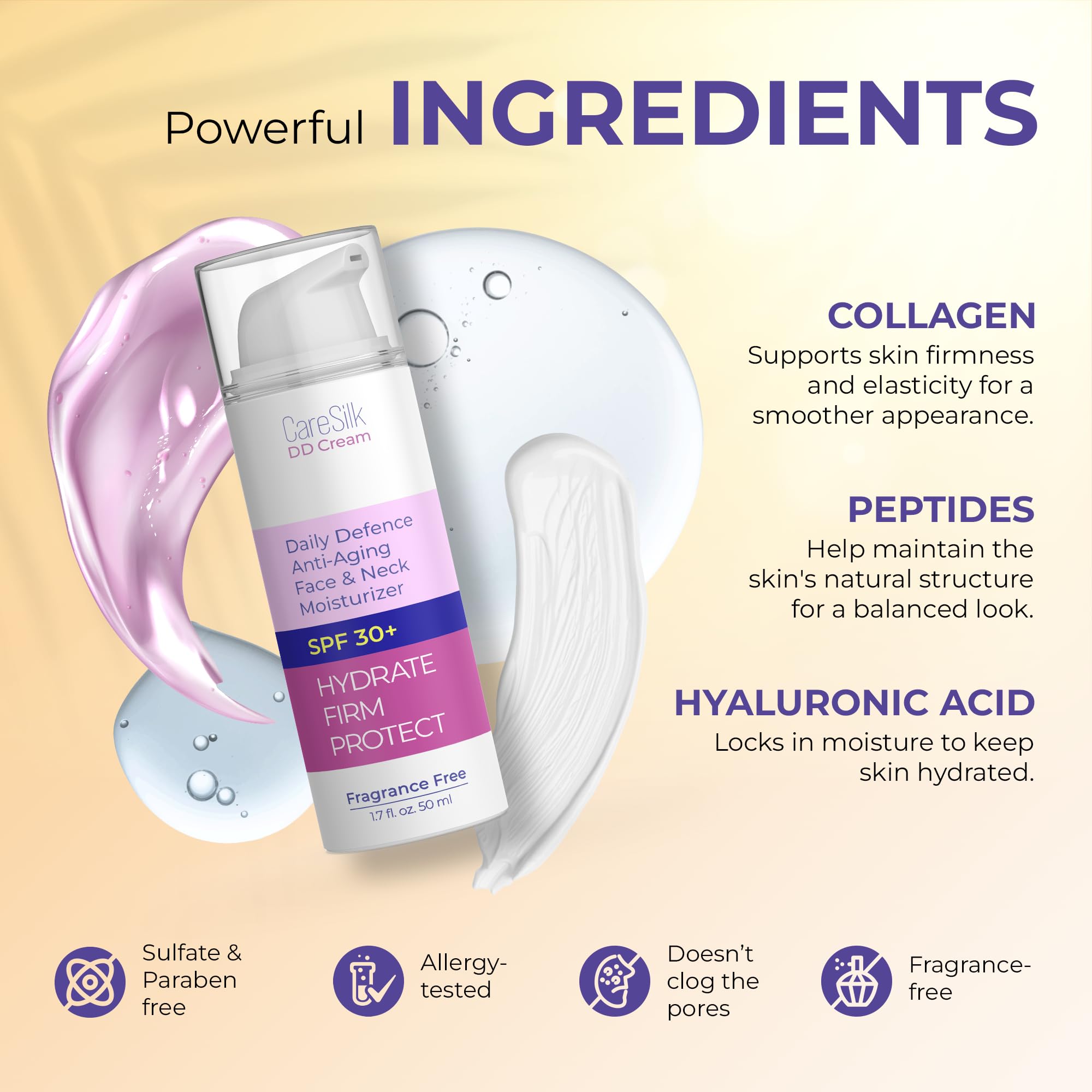 CARESILK DD Cream Face Moisturizer With SPF 30 + Hyaluronic Acid, Collagen, Peptides | Daily Defense & Skin Protection Face Lotion, Skin Block Face Cream | Reef Safe Formula