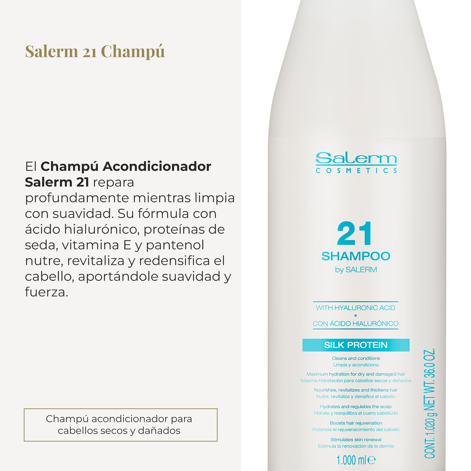 Salerm - Hydrating Shampoo 21 Silk Protein - 1000 ml - for Dry and Damaged Hair - with Silk Proteins - Nourishes, Repairs, and Revitalizes Hair - Heat Protection