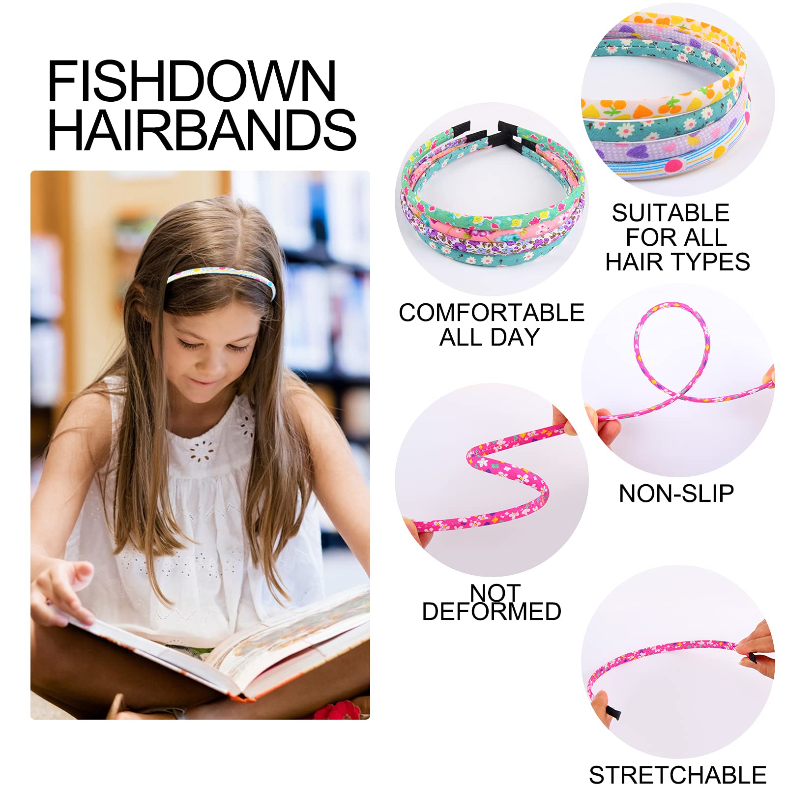 Headbands for Girls 12Pcs Thin Head Bands for Kids Children Hairbands for Toddler Floral Cloth Fabric Covered Headband Birthday Party Favors