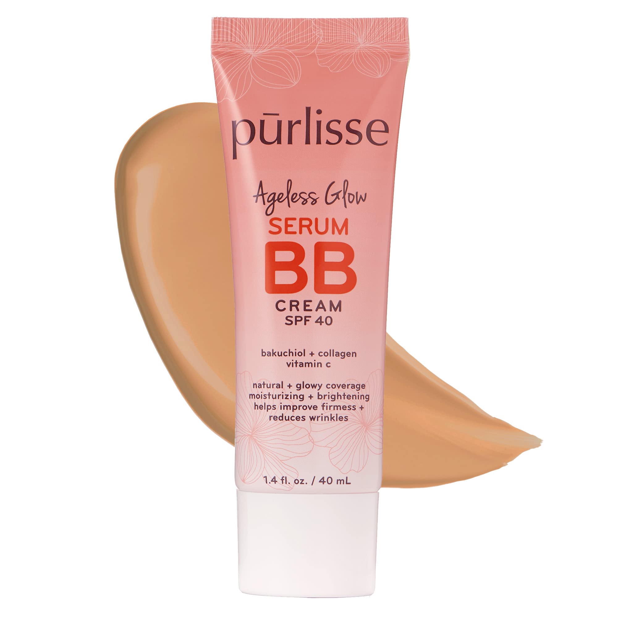 purlisse Ageless Glow Serum BB Cream SPF 40 - Glow BB Cream with SPF Enriched with Bakuchiol & Vitamin C to Help Improve Firmness & Reduce Wrinkles for Dewy Skin - Medium Warm (1.4 oz)