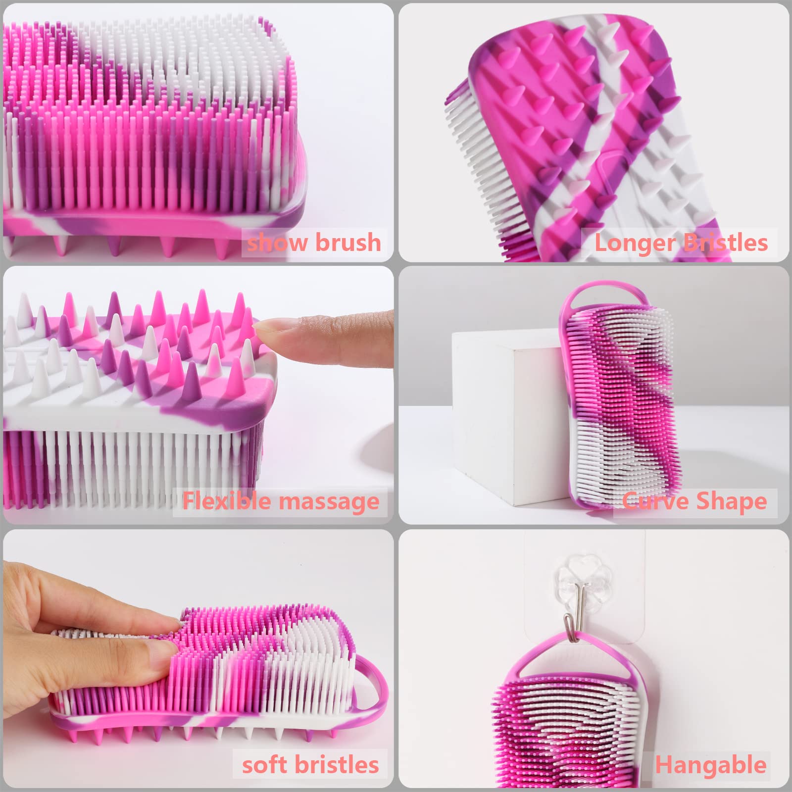 YEALIFE Silicone Body Scrubber, 2 in 1 Body Brush & Hair Scalp Brush for Shower and Bath, Easy Clean, Lathers Well, Stimulating Blood Circulation More Hygienic Than Loofah,Women Men.Purple,Green