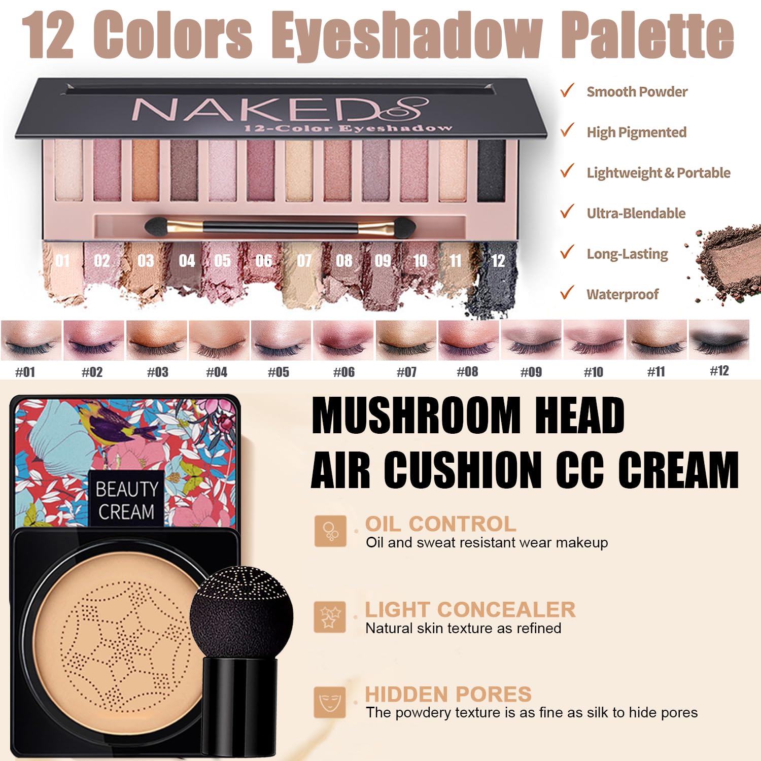 All In One Naked Eyeshadow & Makeup Kit - Includes Liquid Foundation, CC Cream, Lipstick Set, Mascara, Makeup Brush, Sponge, Eyebrow Powder, Soap, Eyeliner Stamp, Primer, Contour Stick & Cosmetic Bag