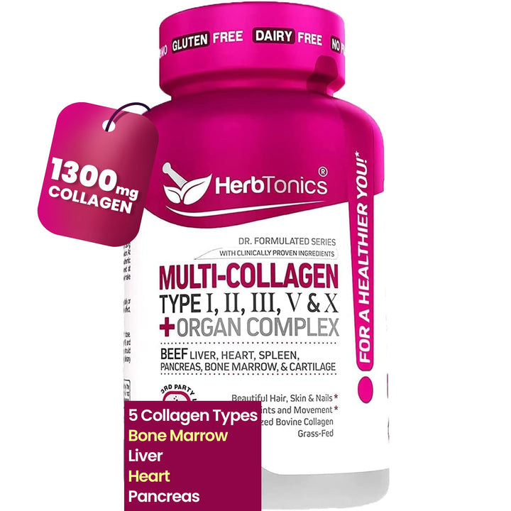 Multi Collagen Complex (Types 1 2 3 5 and 10) | Grass Fed Bone Broth Collagen Protein Peptides | Healthy Hair Skin Nails & Joint Support (with Organ Complex) | 90 Collagen Pills