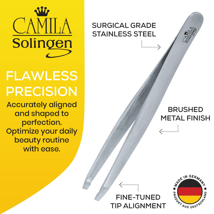 Camila Solingen CS26 4 Professional Surgical Grade Stainless Steel Precision Tip Eyebrow Tweezers for Facial Hair Shaping & Removal. Beauty Tool for Men/Women. Made in Solingen Germany (Straight)
