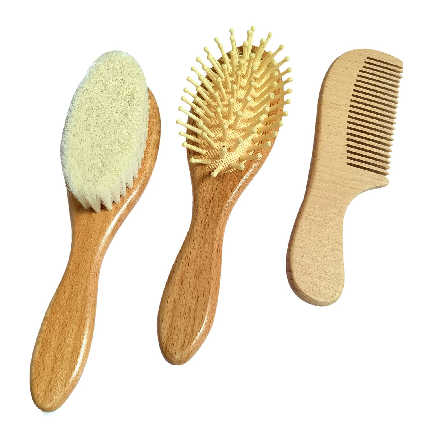 Molylove 3 Piece Baby Hair Brush and Comb Set for Newborn & Toddlers- Natural Wooden Hairbrush with Soft Goat Bristles for Cradle Cap - Perfect Scalp Grooming Product for Infant, Toddler, Kids, Baby