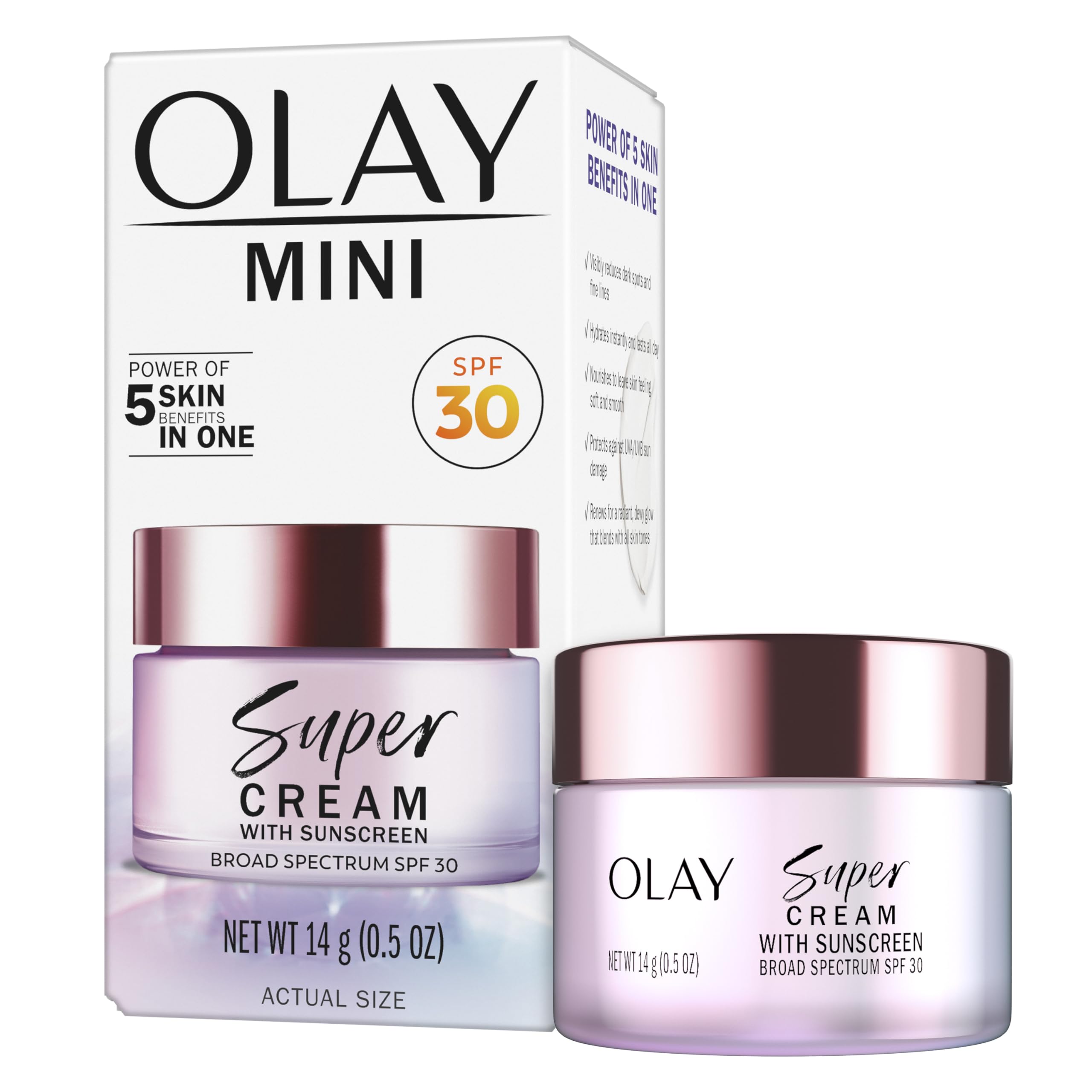 Olay Super Cream with Sunscreen SPF 30, 15 mL, Trial Size Ultra Lightweight Face Moisturizer - Vitamin C, Hyaluronic Acid, Niacinamide, Collagen Peptide - Hydrate, Smooth, Brighten, Firm, and Protect