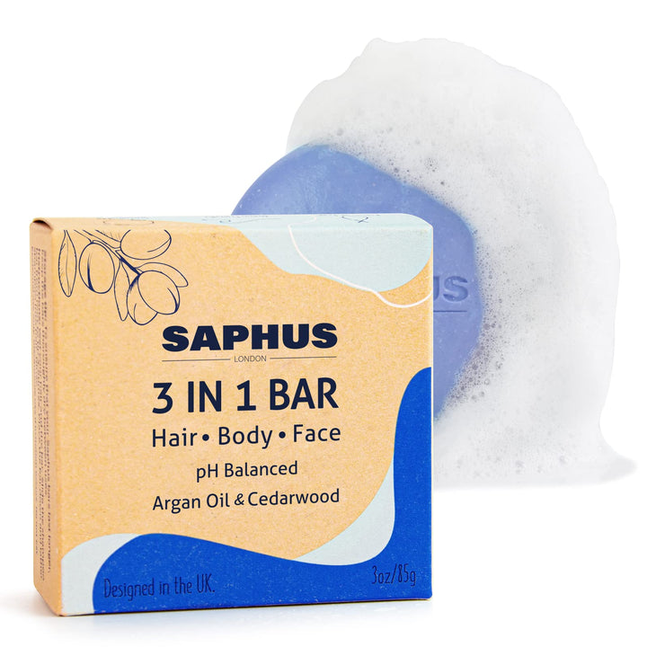 SAPHUS 3-in-1 Shampoo Bar for Hair, Body, Face & Beard | All-in-One Moisturizing & Cleansing Bar for Men, Women, Kids | pH Balanced, Sulfate-Free, Travel Friendly, 1 Pack