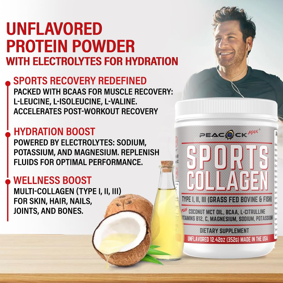 Peacock Max Sports Collagen Powder, 12.42 oz, Pack of 2 - Grass Fed Bovine & Wild Fish Hydrolyzed Type I, II, III Multi Collagen Peptides, Unflavored Protein Powder with BCAA, Magnesium & Electrolytes