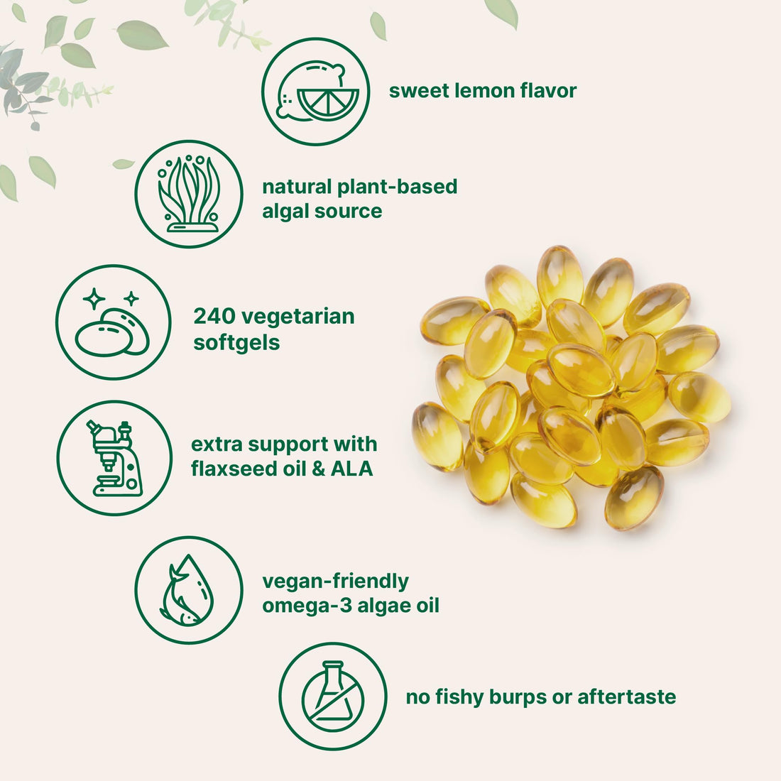 Vegan Omega 3 Algae Oil, 240 Veggie Softgels | Fish Oil Alternative | DHA 500mg & DPA 100mg | Carrageenan Free | Plant-Based Omega 3 with Flaxseed & ALA | Lemon Flavored