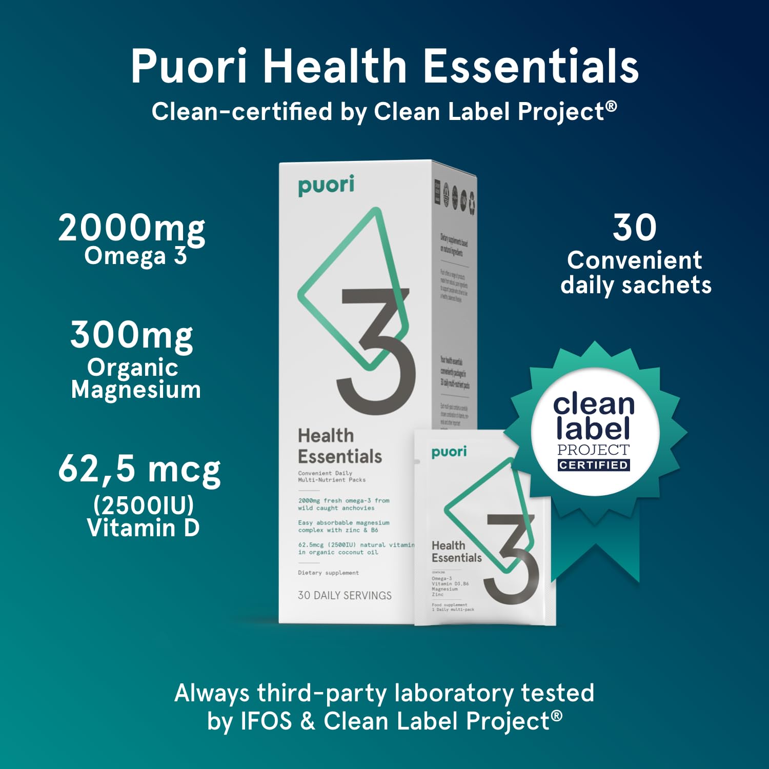 Puori P3 Health Essentials - Multivitamins for Men and Women - 30 Servings - Omega 3, Vitamin D, Magnesium, Zinc - Multi-Nutrient for Brains and Energy