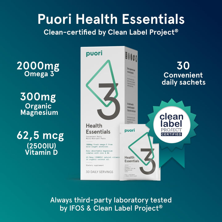 Puori P3 Health Essentials - Multivitamins for Men and Women - 30 Servings - Omega 3, Vitamin D, Magnesium, Zinc - Multi-Nutrient for Brains and Energy