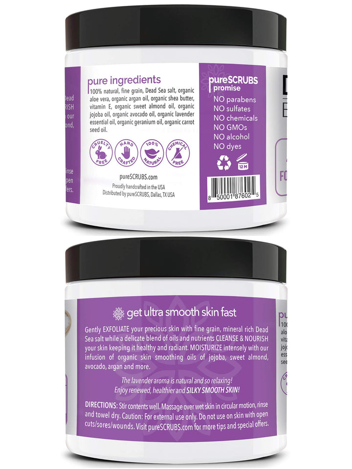 pureSCRUBS Lavender Body Scrub 16Oz + Spoon, Loofah, Soap: Premium Organic Body Scrub Set - Large 16Oz Lavender Body Scrub - Pure Dead Sea Salt Infused With Organic Essential Oils & Nutrient