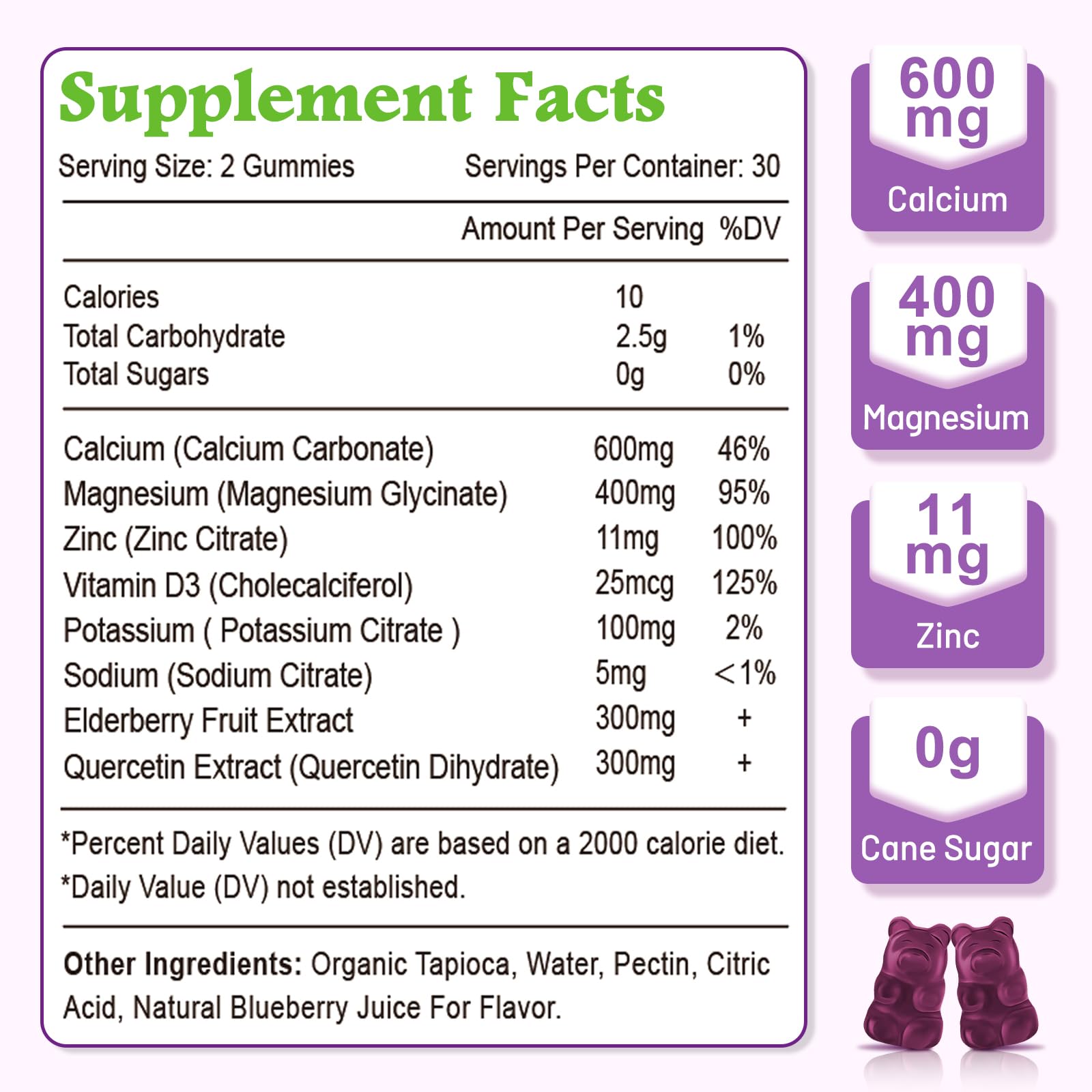 VZOXAINS High Absorption Calcium Gummies, Calcium Magnesium Zinc with Magnesium Glycinate, Potassium, Vitamin D3 for Women & Men- Blueberry Flavor 120 Cts