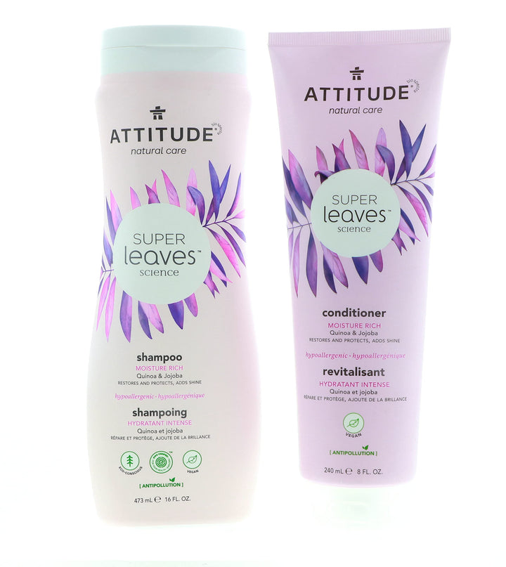 ATTITUDE Super Leaves Moisture Rich Shampoo and Conditioner Bundle With Quinoa, Vitamin B5, Jojoba, Indian Cress, Watercress and Jasmine, 16 fl. oz. and 8 fl. oz.